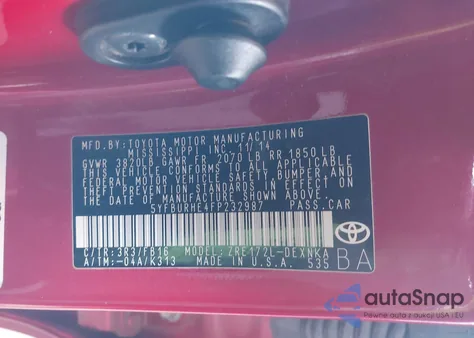 2015 Toyota Corolla Le z USA, uszkodzony, nr VIN 5YFBURHE4FP232987